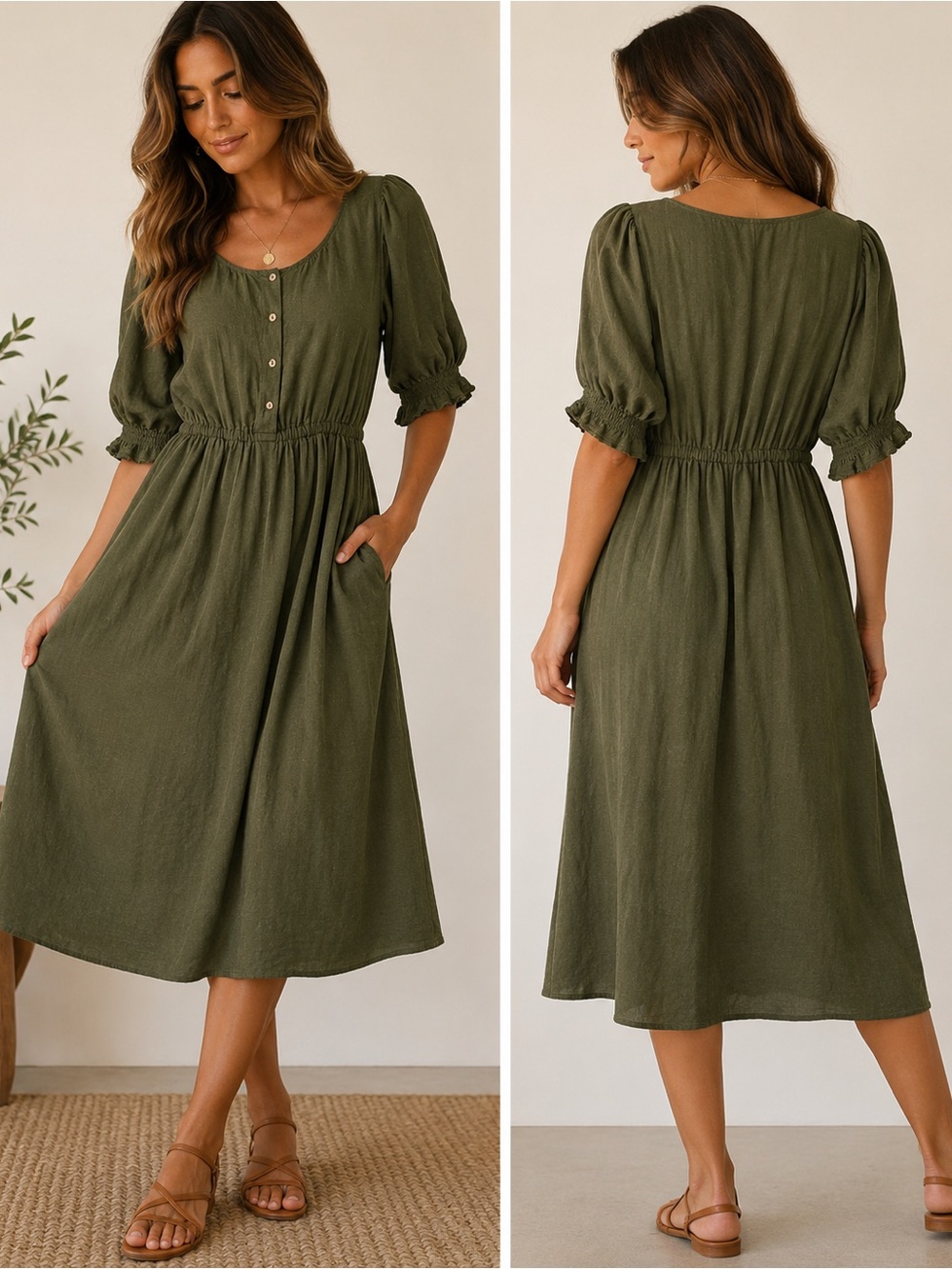 Anthropologie Olive Green Midi Dress with Puff Sleeves
